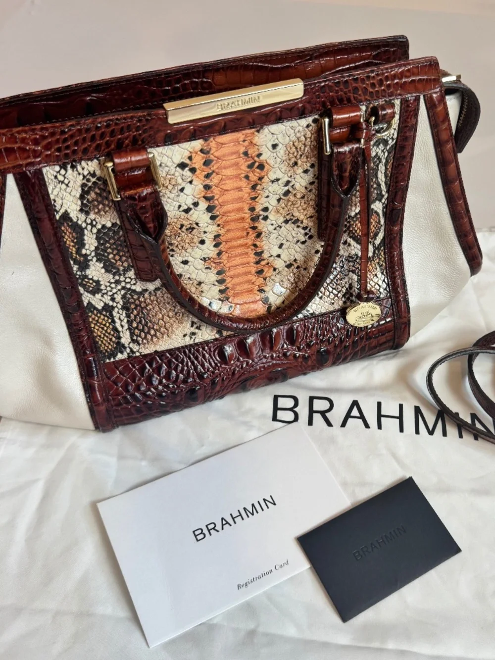 Brahmin Satchel Handbag Snakeskin Leather Trim Mini Asher Melbourne Hemlock